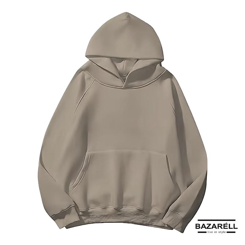 هودی خاکی با فیت آزاد، کلاه‌دار، مناسب استایل مینیمال و شهری، دارای جیب جلو.