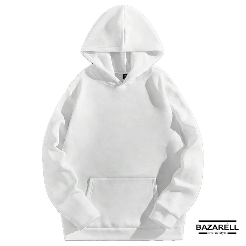 هودی سفید ساده و مینیمال، پارچه لطیف، کلاه‌دار، مناسب استایل اسپرت و کژوال، مناسب استفاده روزانه.