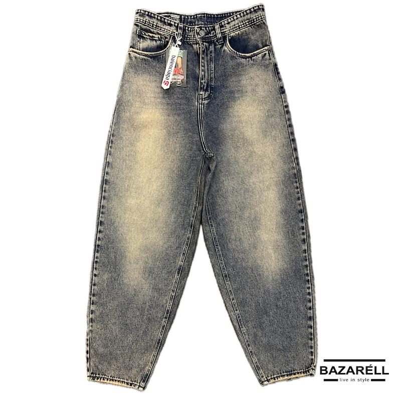 شلوار جین بالونی مردانه‌زنانه بگ فیت آبی‌طوسی میکس سنگ‌شور برند بازارل