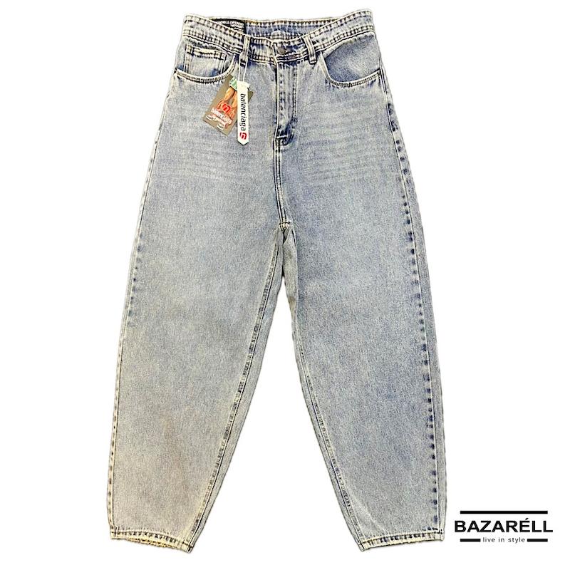 شلوار جین بالونی مردانه‌زنانه بگ فیت آبی‌طوسی روشن با تینت خاکی برند بازارل