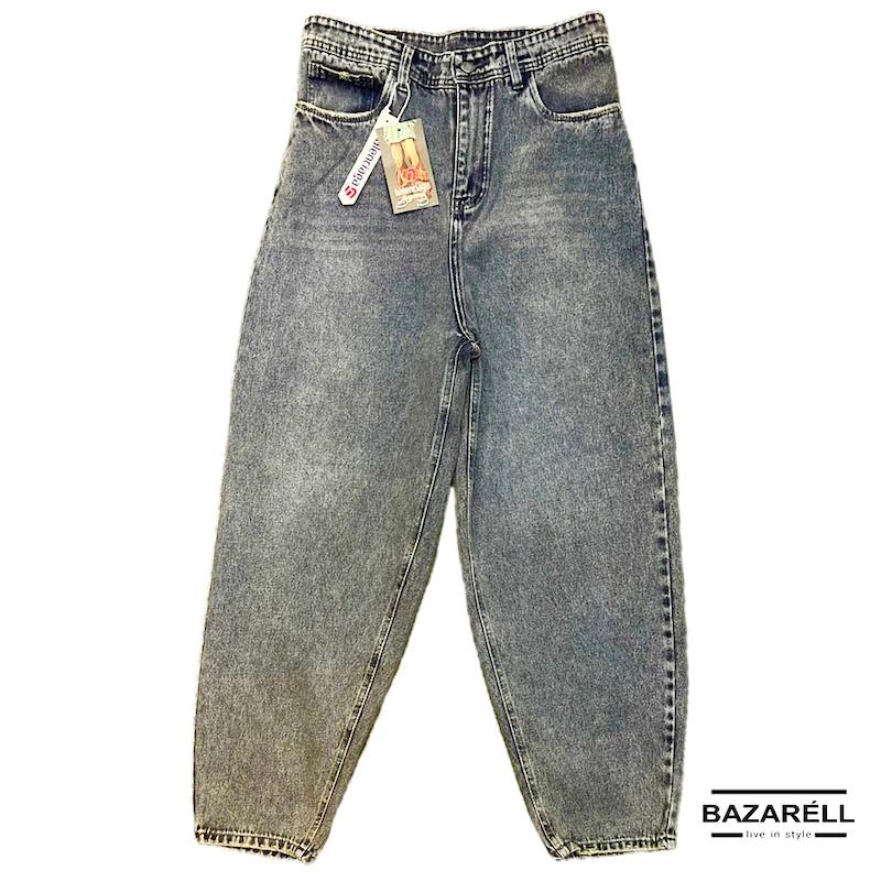 شلوار جین بالونی مردانه‌زنانه بگ فیت نفتی‌طوسی شست‌شده با تینت سفید برند بازارل