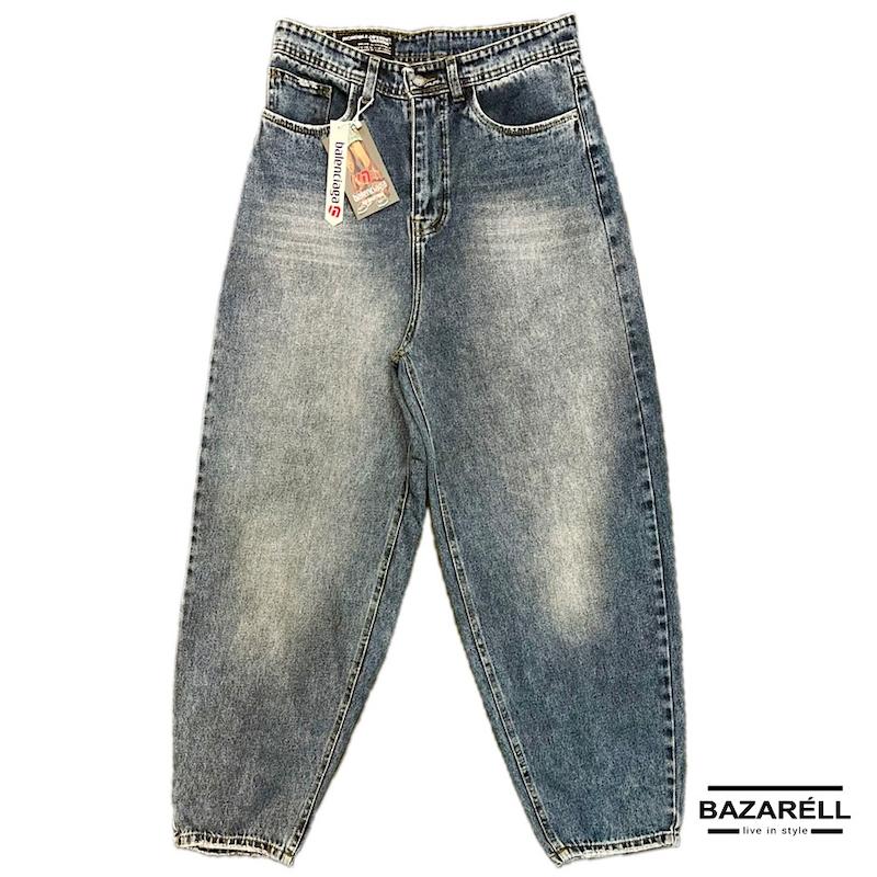 شلوار جین بالونی مردانه‌زنانه بگ فیت طوسی خاکی سنگ‌شور برند بازارل