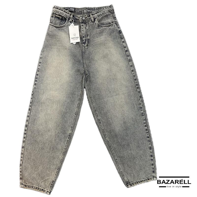 شلوار جین مردانه‌زنانه بالونی بگ فیت طوسی‌آبی سنگ‌شور با تینت سفید برند بازارل