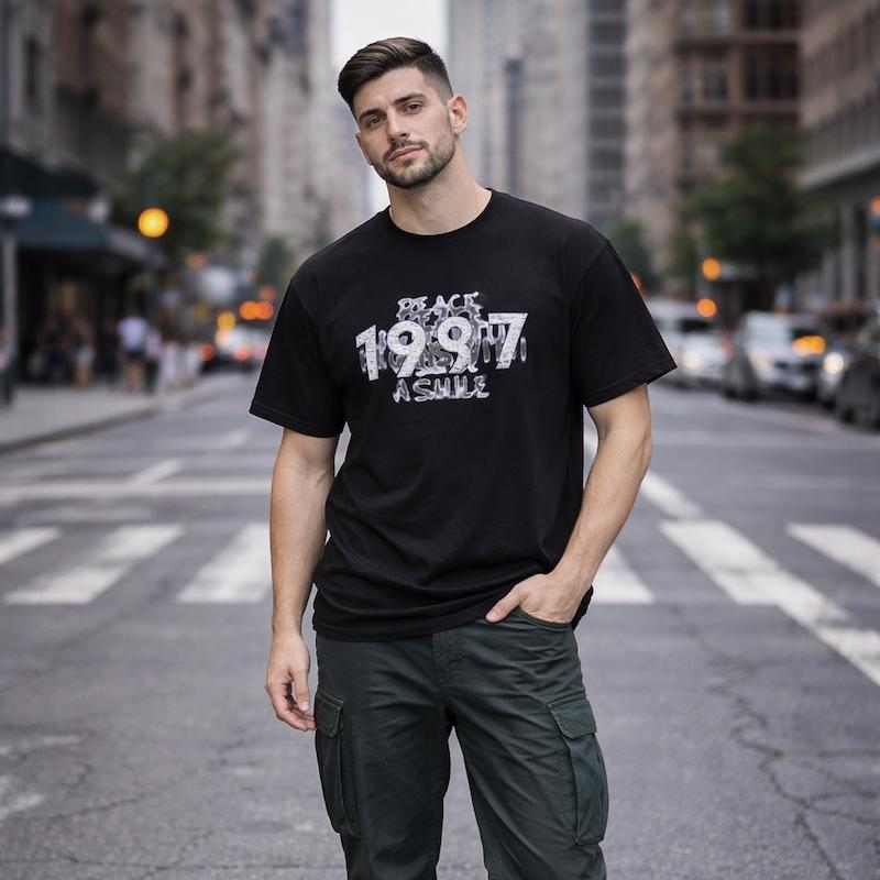 تیشرت مردانه‌زنانه Peace 1997 رنگ مشکی با چاپ تایپوگرافی برند بازارل - نمای تنخور