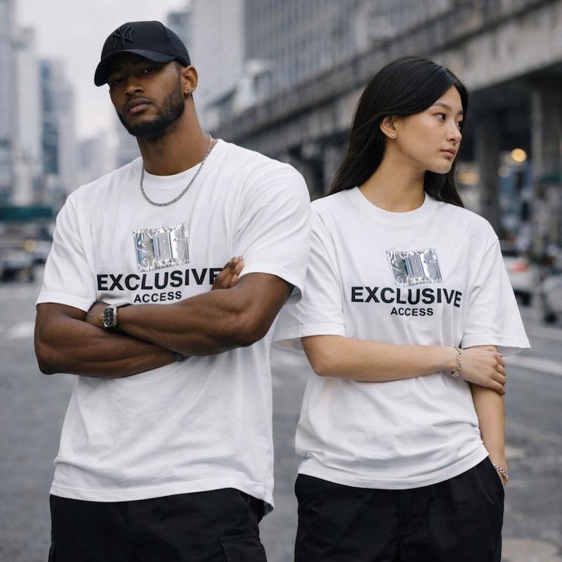استایل خیابانی تیشرت سفید چاپ کرومی مردانه‌زنانه Exclusive Access برند بازارل