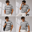 تیشرت مردانه رینگر راه‌راه طوسی سفید پارچه مراکشی BAZARELL BAZARELL Men’s Moroccan Fabric Ringer Striped T-Shirt – Gray & White