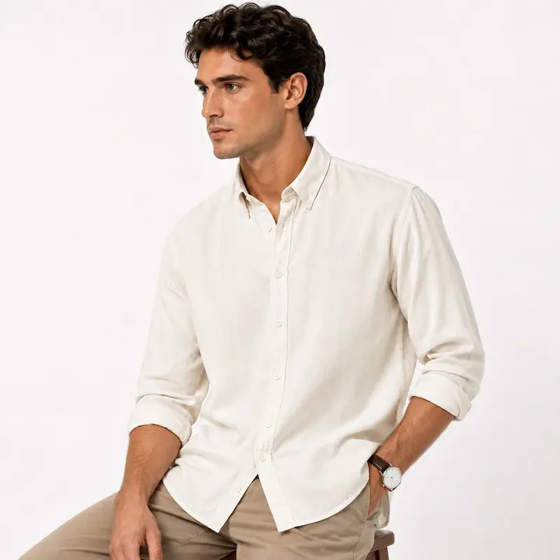 پیراهن مردانه لایوسل آستین بلند شیری BAZARELL | پیراهن کلاسیک مینیمال مردانه BAZARELL Men’s Lyocell Long Sleeve Shirt – Bone White Minimal Classic