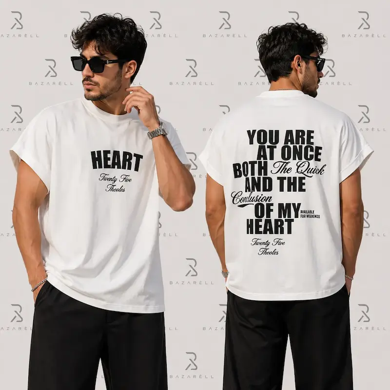 وست مردانه گرافیکی Heart 25 سفید با نمایش طرح تایپوگرافی پشت لباس برند بازارل