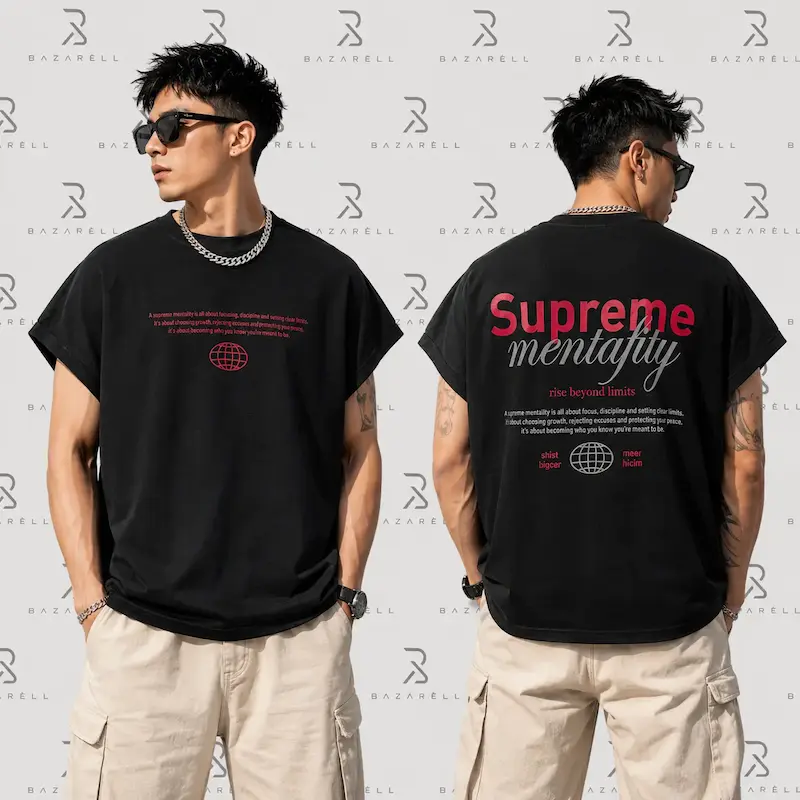 وست مردانه مشکی بدون آستین با چاپ گرافیکی Supreme Mentality و فرم آزاد برند بازارل