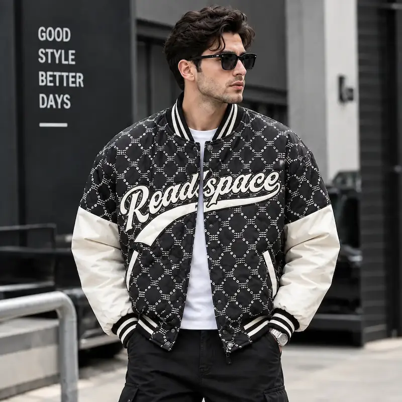 کاپشن بامبر مشکی Realspace با آستین سفید و طرح خاص ورزشی Realspace Black & White Varsity Bomber Jacket – Unisex Streetwear
