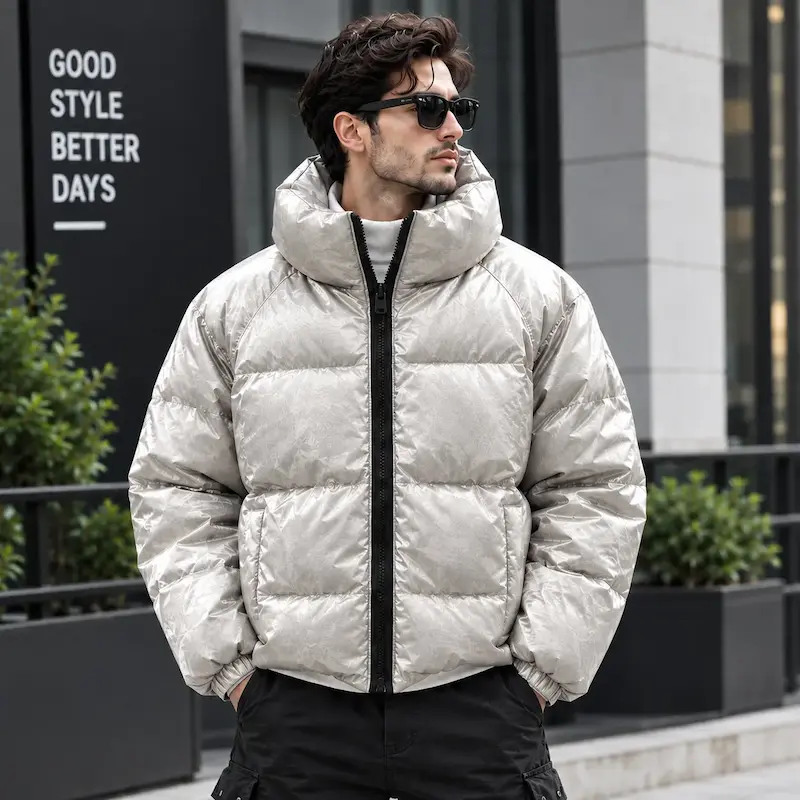 کاپشن پافر نقره‌ای براق ضخیم مردانه‌زنانه طرح north face با آستری گرم بازارل | BAZARELL Men’s Glossy Puffer Jacket