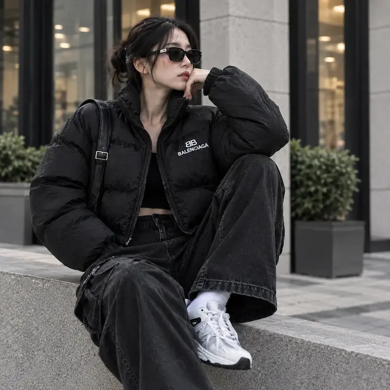  کاپشن بامبر زنانه کراپ مشکی شمعی نیمه‌براق با یقه ایستاده | Black Glossy Bomber Jacket
