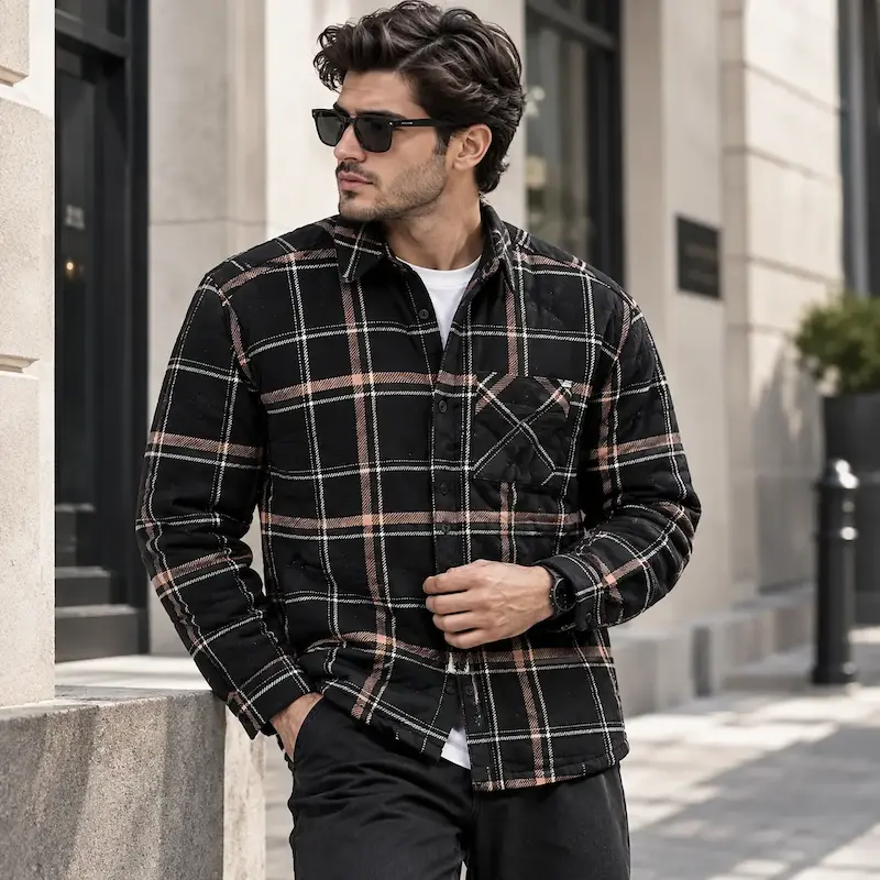 پیراهن بافت چهارخانه مشکی مردانه‌زنانه طرح کرم‌قهوه‌ای (مدل پاییزی ضخیم) | Black Checked Flannel Shirt Beige-Brown Pattern – Heavy Fall Edition