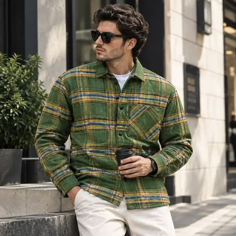پیراهن بافت چهارخانه فلانل پاییزی سبز‌ـ‌زرد مردانه‌زنانه مدل Lumberjack | بازارل BAZARELL Green-Yellow Flannel Plaid Lumberjack Shirt – Unisex (Male-Female Fit)