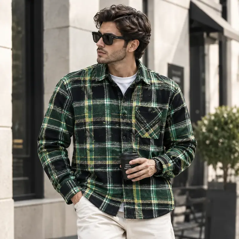 پیراهن بافت چهارخانه مردانه سبز مشکی ضخیم دکمه‌دار BAZARELL | BAZARELL Men’s Green & Black Plaid Button-Up Shirt