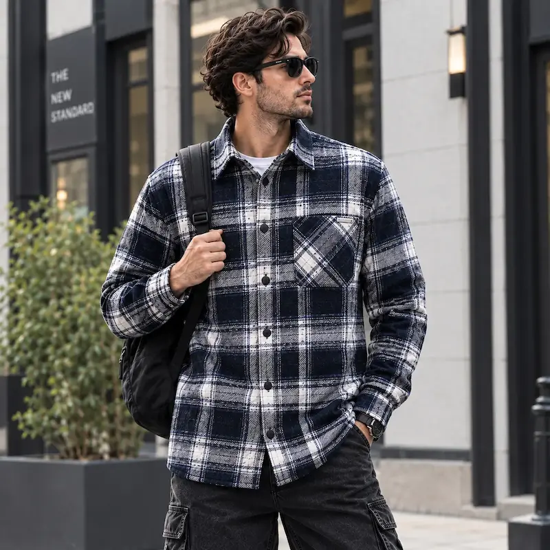 پیراهن بافت چهارخانه مردانه سرمه‌ای ضخیم دکمه‌دار BAZARELL | BAZARELL Men’s Navy Plaid Button-Up Shirt