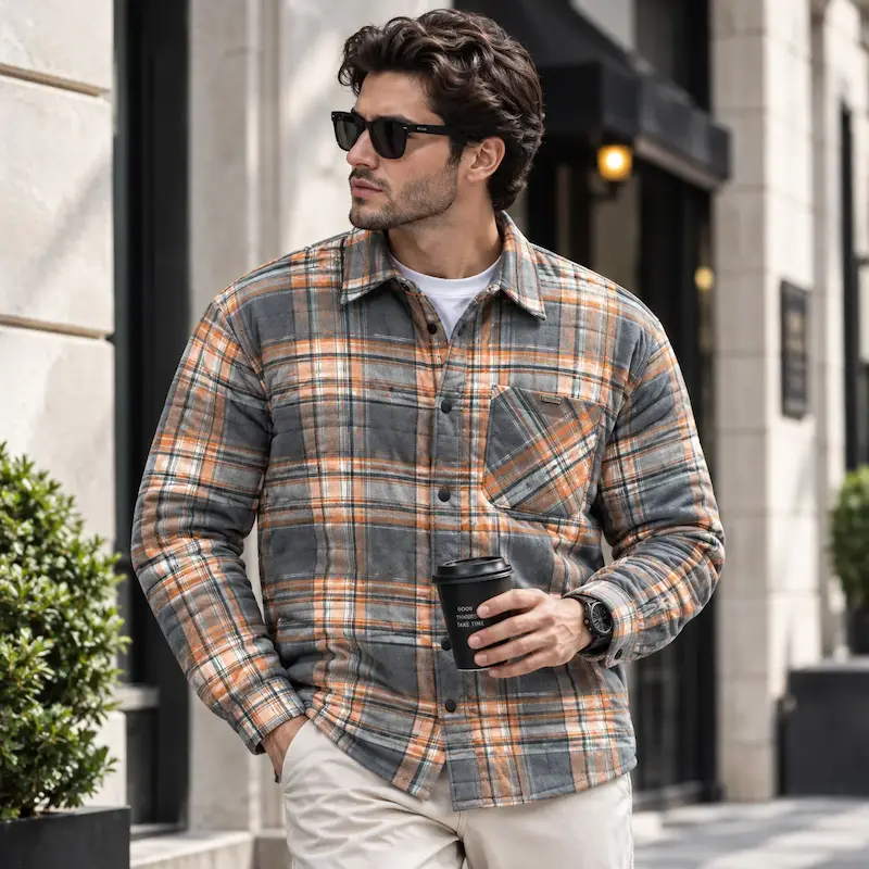 پیراهن بافت مردانه چهارخانه آستین‌بلند کژوال خاکی–طوسی بازارل | BAZARELL Men’s Long-Sleeve Casual Plaid Shirt – Khaki & Grey
