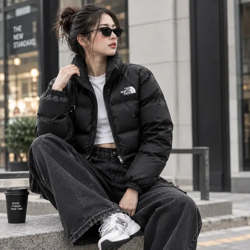 کاپشن کراپ زنانه شمعی طرح نورس فیس مشکی با آستر پَر | BAZARELL Women’s NORTH FACE Cropped Puffer Jacket