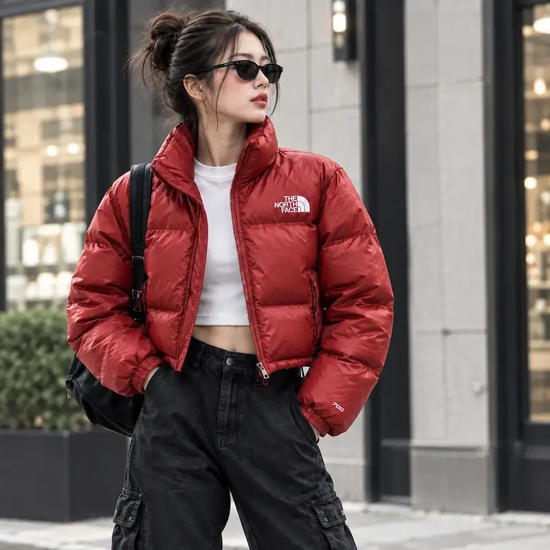 کاپشن پافر قرمز براق کراپ زنانه طرح NORTH FACE بازارل – Brick Red Glossy cropp Puffer Jacket | BAZARELL