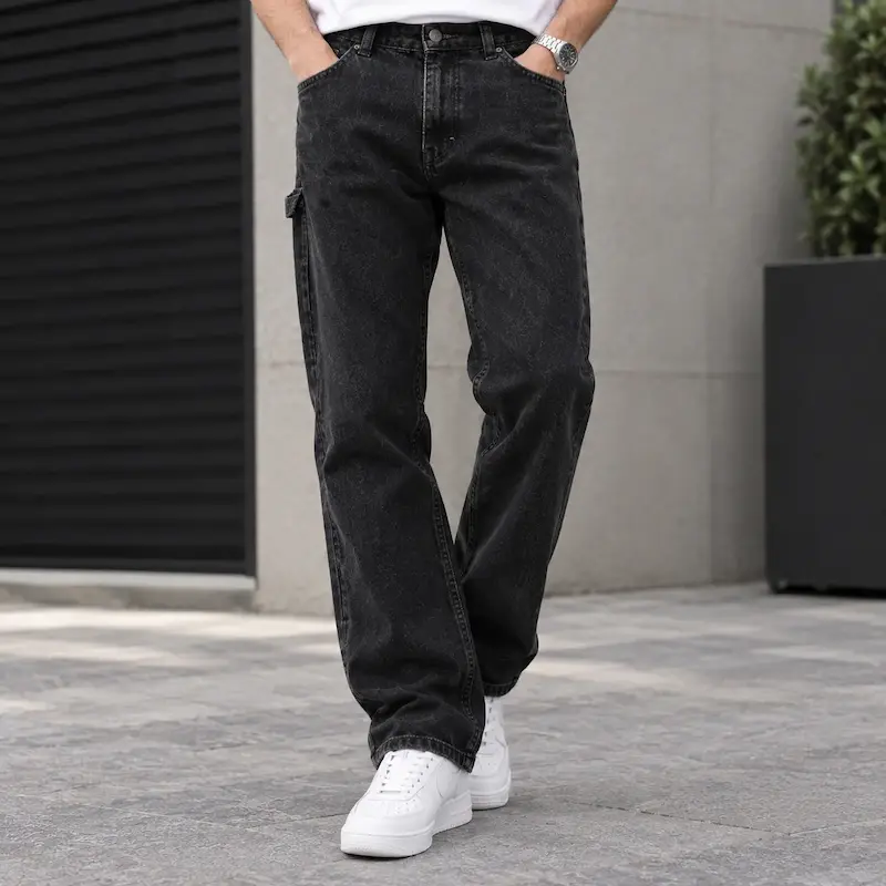 شلوار جین مردانه نیم بگ مشکی ذغالی | Modern Relaxed Baggy Black Jeans