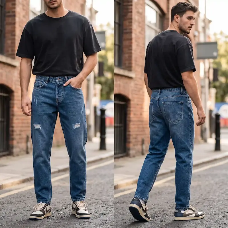 شلوار جین مام فیت مردانه آبی زاپ‌دار BAZARELL | Blue Distressed Mom Fit Jeans