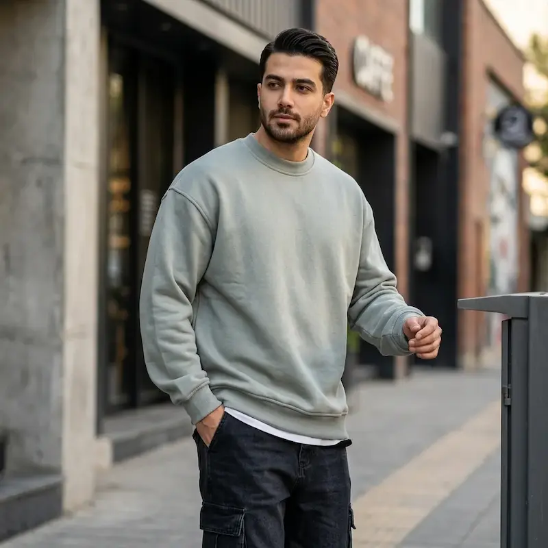 دورس سه‌نخ مردانه طوسی روشن باکسی پشت کرک‌دار BAZARELL | Men's Light Grey Boxy Fit Fleece-Back Sweatshir