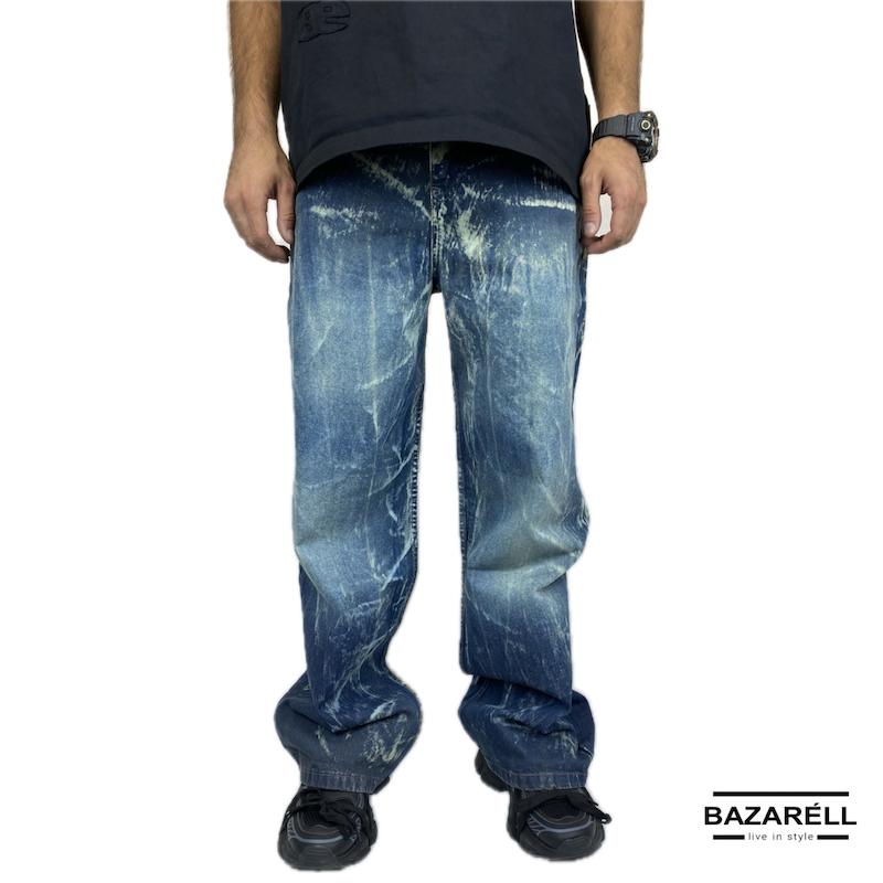 شلوار جین گشاد تیره طرح‌دار مردانه – استایل خاص و منحصربه‌فرد  |  Men’s Dark Wash Baggy Jeans with Unique Pattern – Bold Streetwear Style