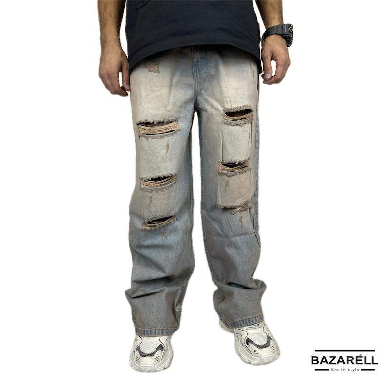 شلوار جین مردانه بگ فیت زاپ‌دار طوسی-آبی – استایل خشن و خیابانی برای خاص‌پوشان  | Men’s Baggy Fit Ripped Jeans in Grey-Blue Wash – Edgy Streetwear for Bold Looks