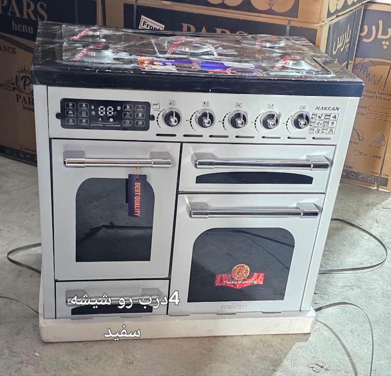 اجاق گاز طرح فر چهار درب رو شیشه سفید