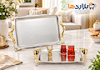 سینی پذیرایی استیل طلایی پایه دار کد 5100 SG بزرگ و کوچک