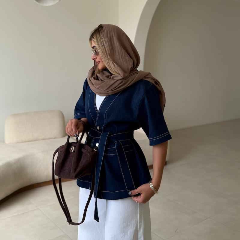 کت جین آستین کوتاه آبی تیره