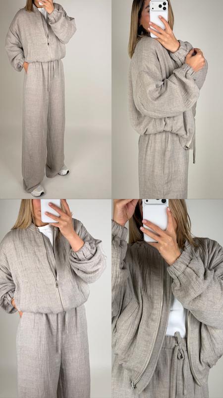 ست بامبر و شلوار نخی کرم خاکی