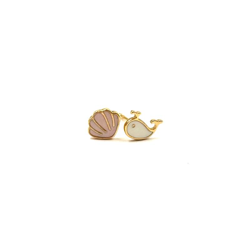 گوشواره زنانه طلا ۱۸ عیار گوشواره میخی طرح وال و صدف میناکاری گالری یگانه