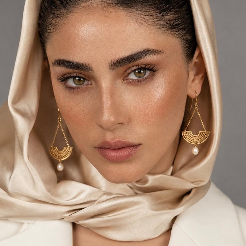 گوشواره طلا ۱۸ عیار گوشواره بادبزنی و کسر مروارید گالری زرنوش