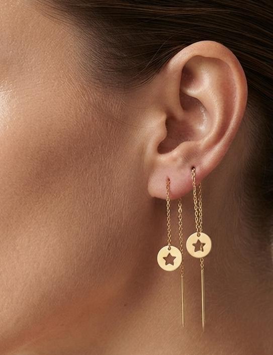 گوشواره زنانه طلا ۱۸ عیار گوشواره بخیه ای طرح دایره ستاره گالری کاژه گلد
