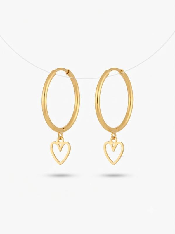 گوشواره زنانه طلا ۱۸ عیار گوشواره حلقه ساده با آویز قلب مناسب بچه و بزرگسال گالری کاژه گلد