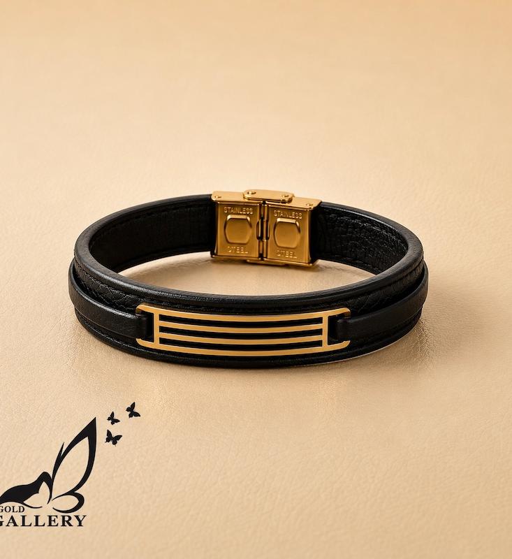 دستبند مردانه طلا ۱۸ عیار دستبند چرم مردانه کد ۳ گالری الهه گلد