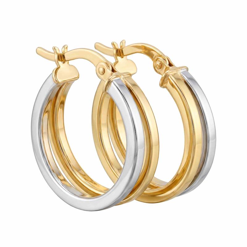 گوشواره زنانه طلا ۱۸ عیار مدل حلقه دو خط زرد و سفید دلفین گلد گالری