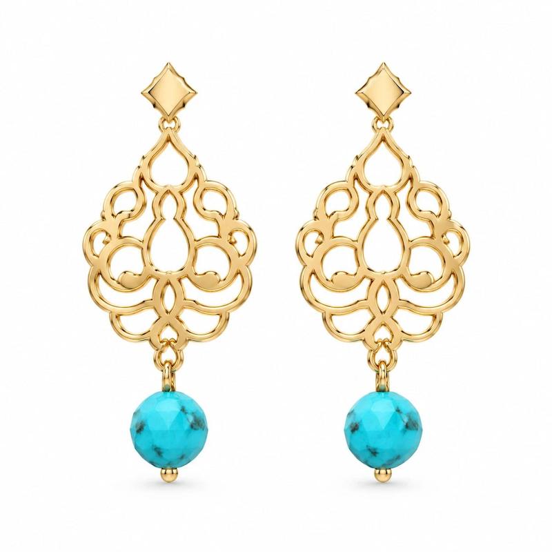 گوشواره طلا ۱۸ عیار مدل آویز فیروزه لی لی گلد