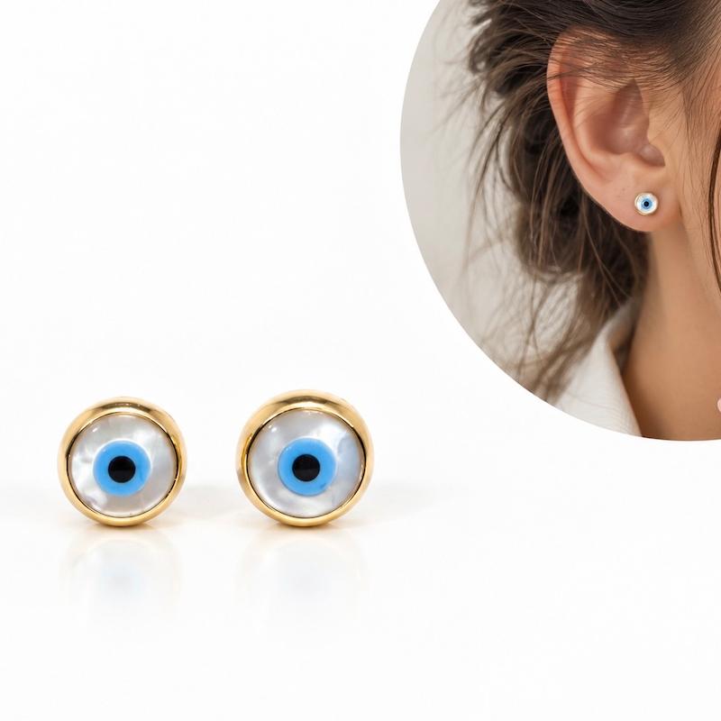 گوشواره طلا ۱۸ عیار گوشواره گرد و کسر سنگ چشم نظر گالری زرنوش