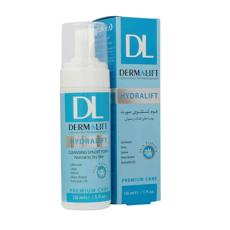 فوم شستشوی صورت هیدرالیفت درمالیفت مناسب پوست های خشک و معمولی 150 میلی لیتر ______ Dermalift Hydralift Cleansing Syndet Foam For Normal To Dry Skin