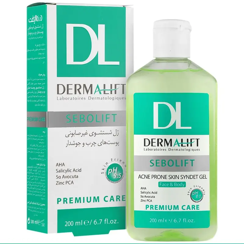 ژل پوست چرب سبولیفت درمالیفت ۲۰۰ میلی لیتر _______ Dermalift Sebolift Acne Prone Skin Syndet Gel