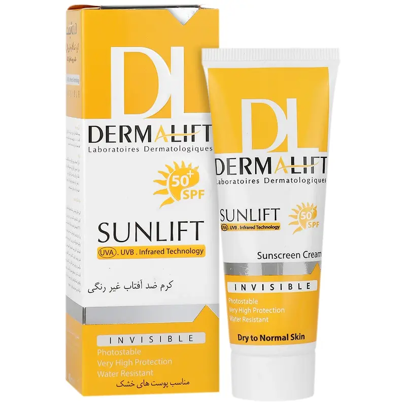 کرم ضد آفتاب بی‌رنگ صورت درمالیفت SPF 50 مدل SUNLIFT SPF50 محافظ UVA ،UVB، ضد آب، مناسب پوست خشک حجم 40 میلی‌لیتر ‌مناسب برای خشک، معمولی حجم 40 میلی‌لیتر
