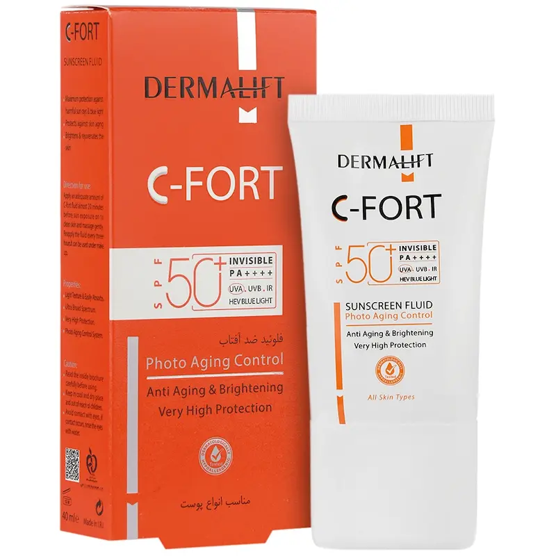 فلوئید ضد آفتاب بی رنگ درمالیفت SPF 50 مدل C-Fort ‌محافظ UVA ،UVB و PA++++، حاوی ویتامین C، ضد پیری، مناسب انواع پوست‌ حجم 40 میلی‌لیتر---C Fort Sunscreen Fluid SPF50