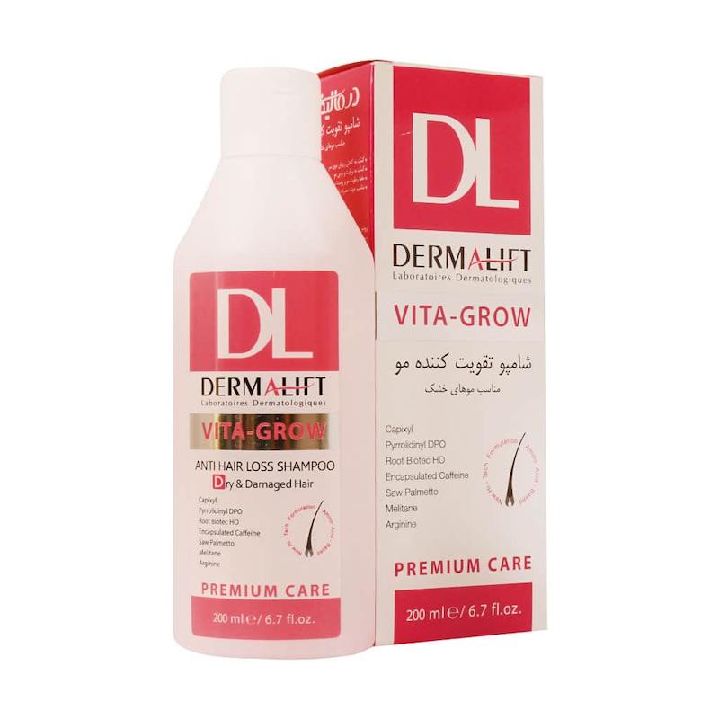 شامپو تقویت کننده موی خشک و آسیب دیده درمالیفت ۲۰۰ میلی لیتر_______ Dermalift Vita-Grow Anti Hair Loss Shampoo For Dry & Damaged Hair 200 ml