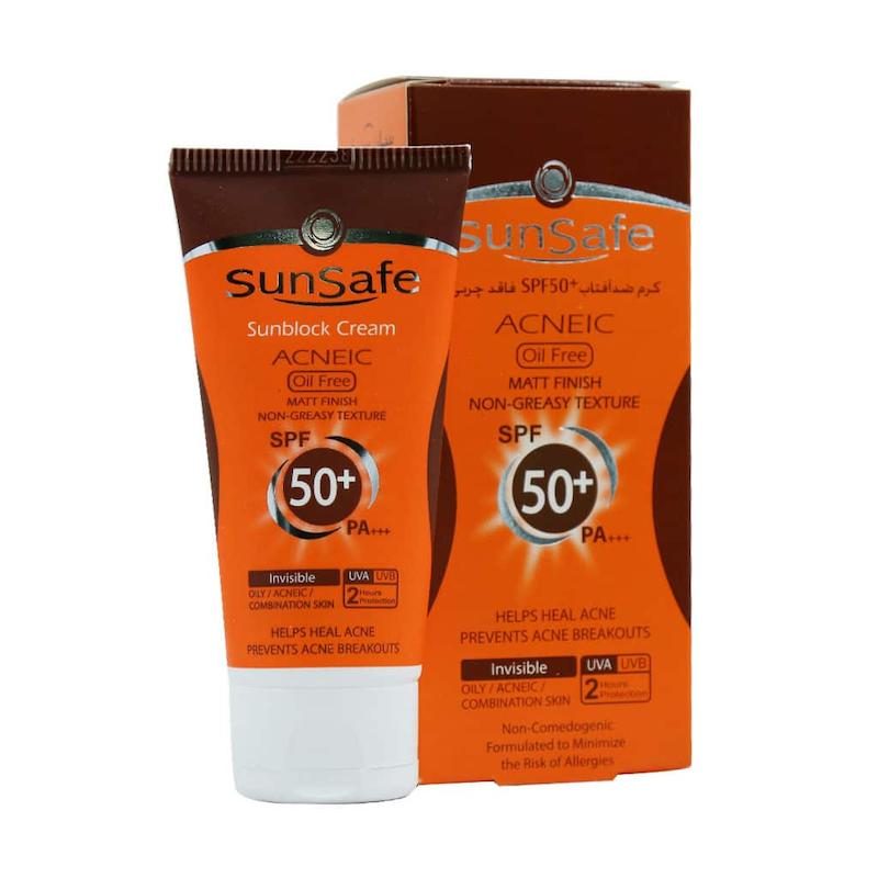 کرم ضد آفتاب SPF50 فاقد چربی سان سیف مناسب پوست های چرب و آکنه ای  بی رنگ ۵۰ میلی لیتر_________ Sunsafe Sunsblock Cream SPF50+ Acneic Oil Free 50 ml