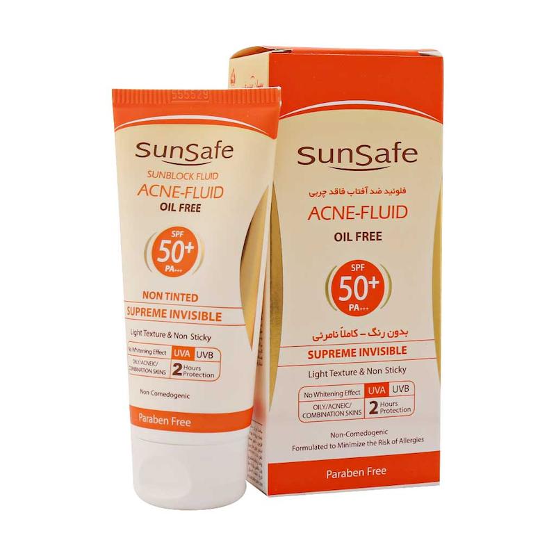  ضد آفتاب فلوئیدی بی رنگ فاقد چربی مناسب پوست‌های چرب و آکنه‌ای SPF50 سان سیف 50 میلی لیتر_________Sun Safe Acne SPF50 Sunblock Fluid 50 Ml