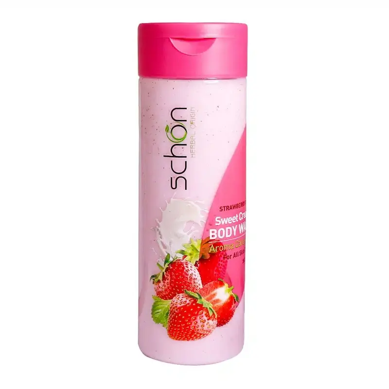 شامپو بدن کرمی شیر توت فرنگی شون حاوی اسکراب گردو 300 میلی لیتر________ Schon Strawberry & Milk Creamy Body Wash 300 ml