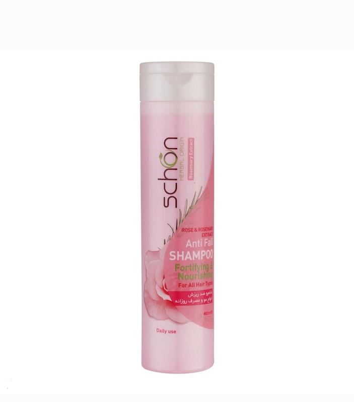 شامپو ضد ریزش و تقویت کننده شون حاوی عصاره رز و رزماری مناسب انواع مو ۴۰۰ میلی لیتر ___ Schon Anti Fall Shampoo With Rose And Rosemary Extract For All Hair ۴۰۰ ml