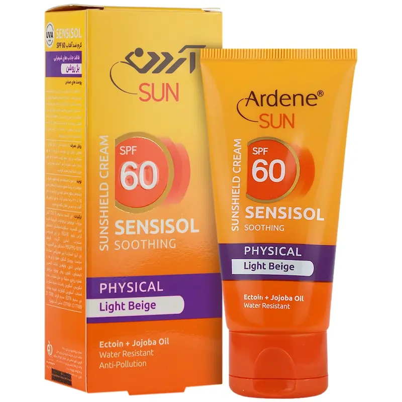 کرم ضد آفتاب رنگی SPF60 فاقد جاذب های شیمیایی آردن مناسب پوست های خشک و حساس 50 گرم___________Ardene Sunshield SPF60 Cream Sensisol 50 g